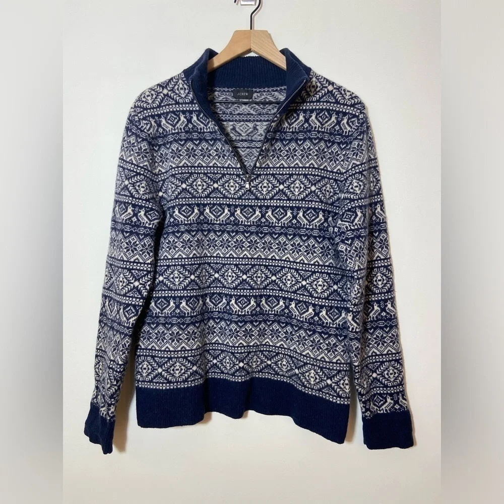 J. crew Mens Lambswool Fair Isle Sweater 1/4 zip pullover Sweater Size Large